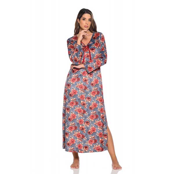 Clio Χειμερινό Βελούδο Μακρύ Νυχτικό Φλοράλ