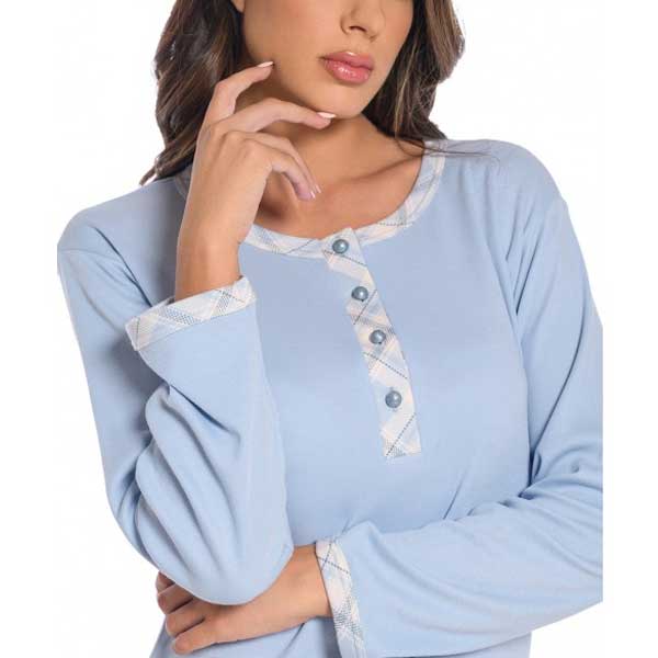 Clio Νυχτικό Γυναικείο Χειμερινό Lingerie με Καρό Λεπτομέριες Σιελ